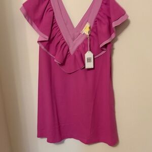 New Emily McCarthy Elegant Pink Ruffle V-Neck dress size large